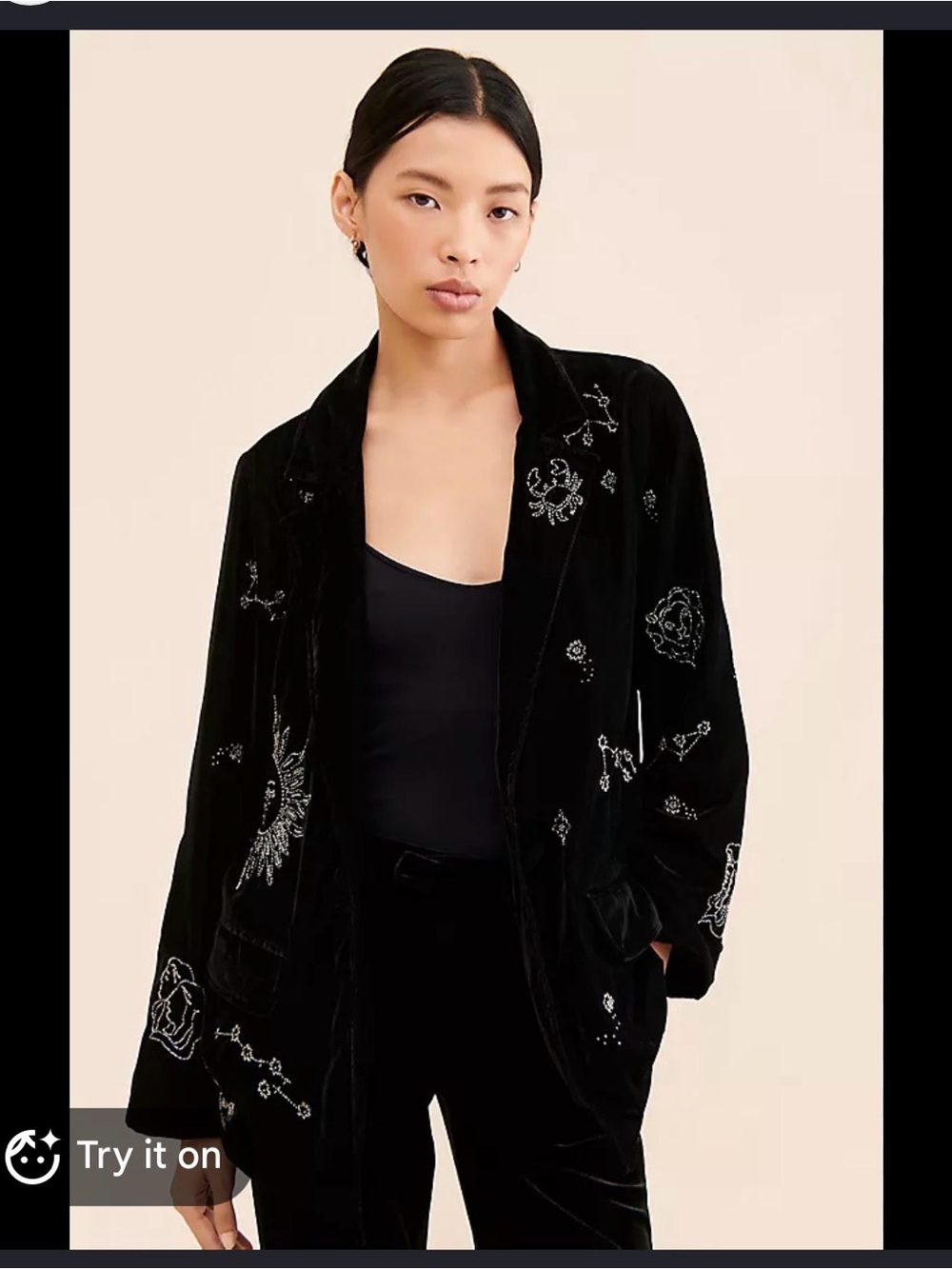 Ciebon Anthropologie Zodiac Black Embroidered Velvet Blazer Jacket - Women's